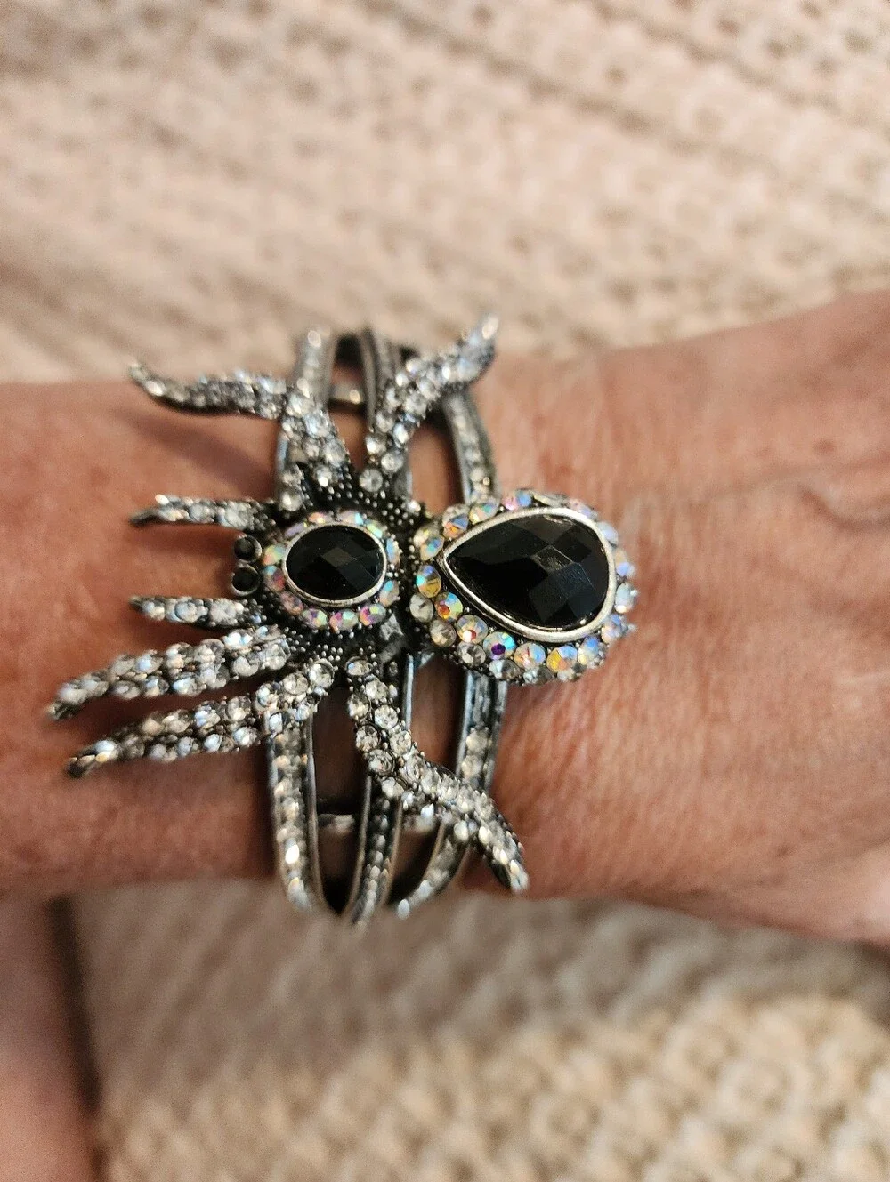 Ornate Vintage Black Rhinestone Silver Spider Clamp Style Bracelet Halloween